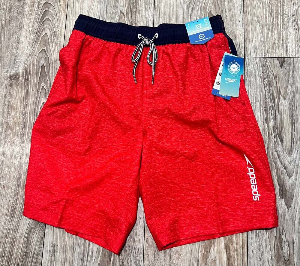 Speedo Men's 9" Inseam Heathered Red Volley Swim Shorts with Navy Waistband